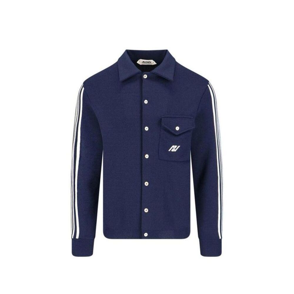 Autry Nylon Cardigan with Ribbed Trim Men Blue Cardigans
